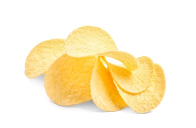 Tasty crispy potato chips on white background