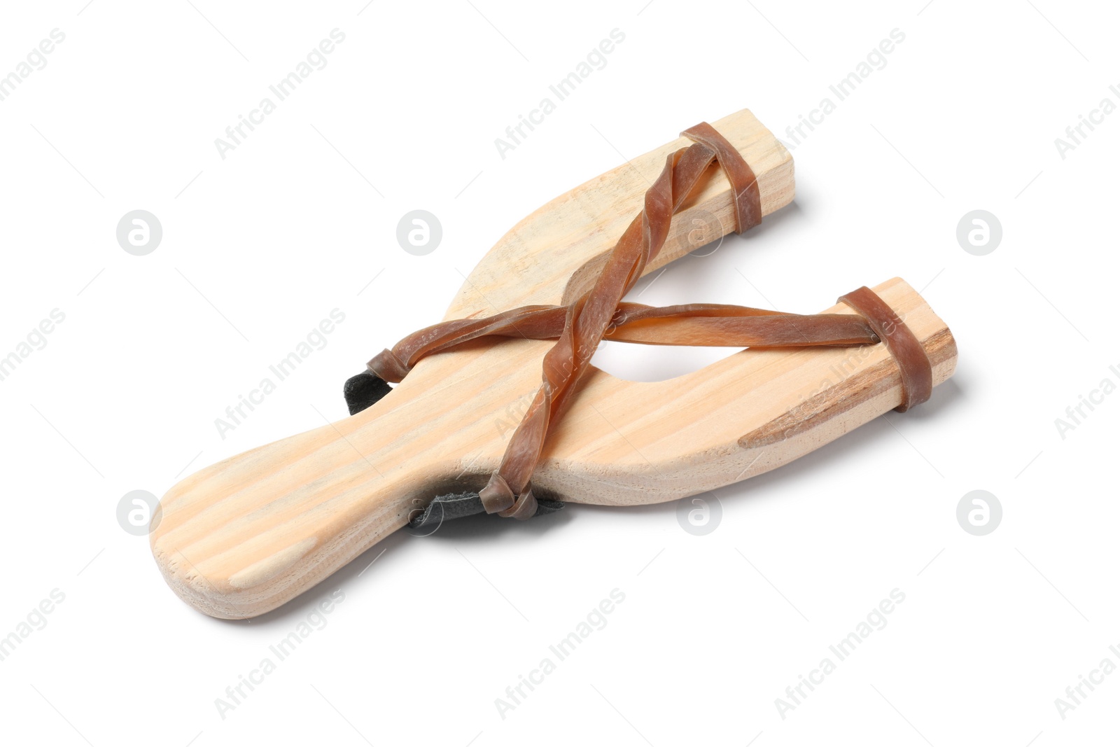 Photo of One wooden slingshot with leather pouch isolated on white