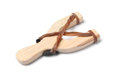 Photo of One wooden slingshot with leather pouch isolated on white