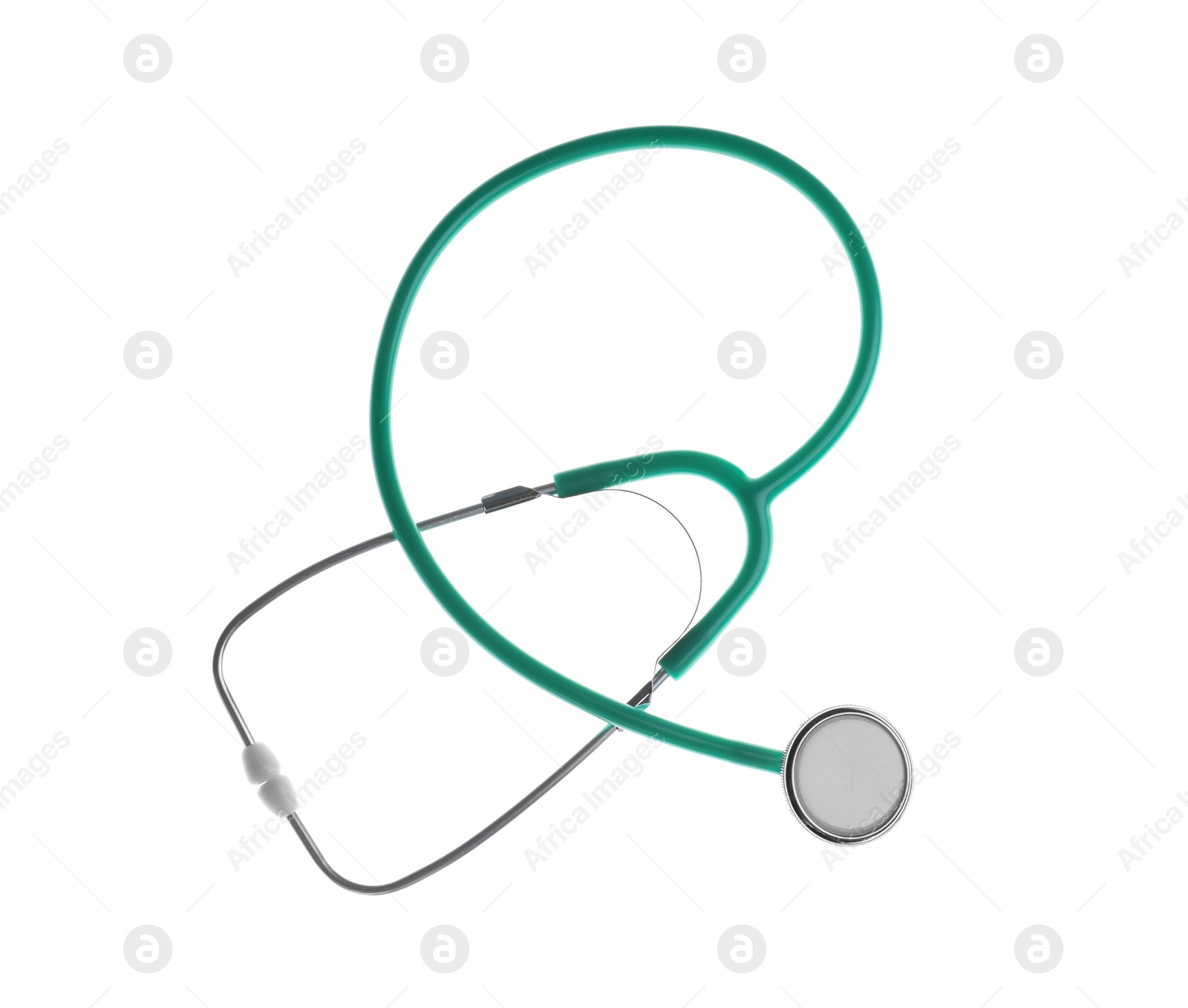 Photo of Stethoscope on white background, top view. Medical device