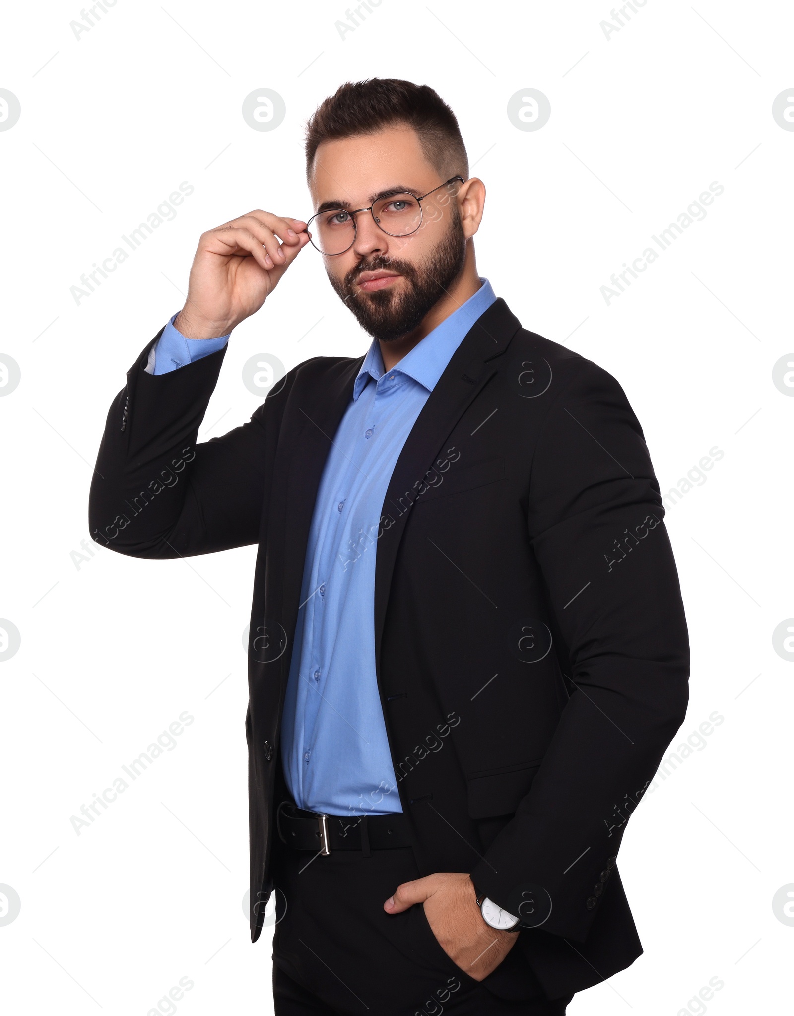 Photo of Portrait of handsome man in glasses on white background. Lawyer, businessman, accountant or manager