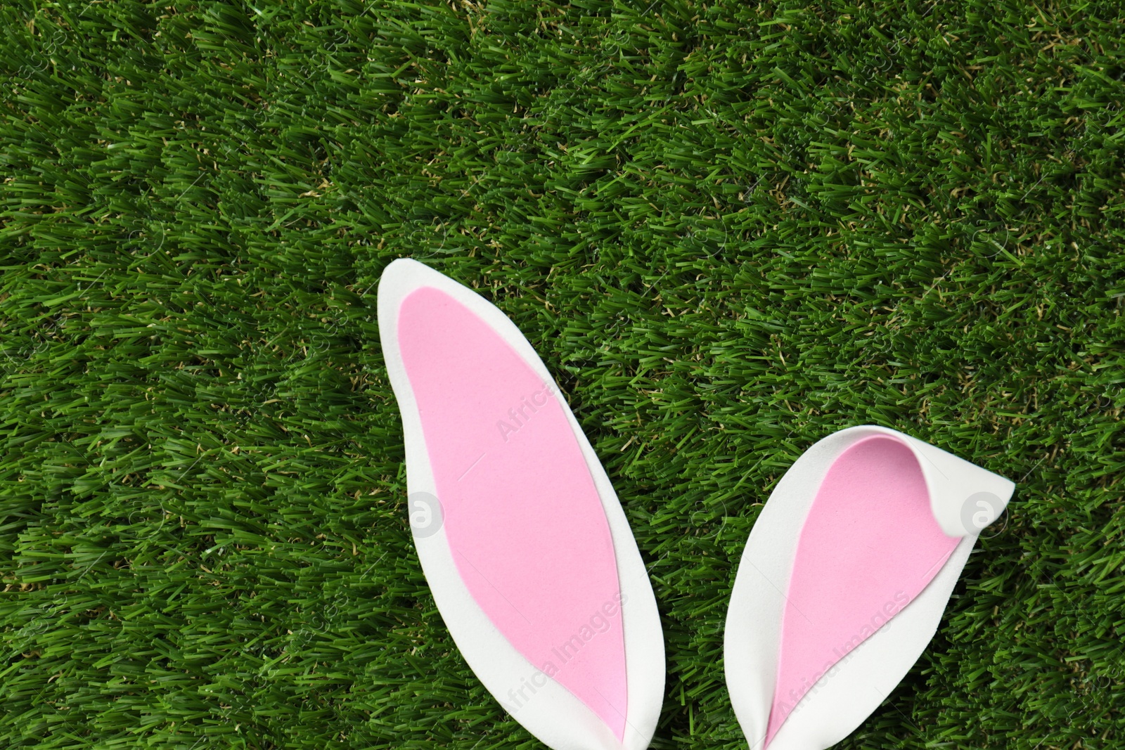 Photo of Funny Easter bunny ears on green grass, top view with space for text