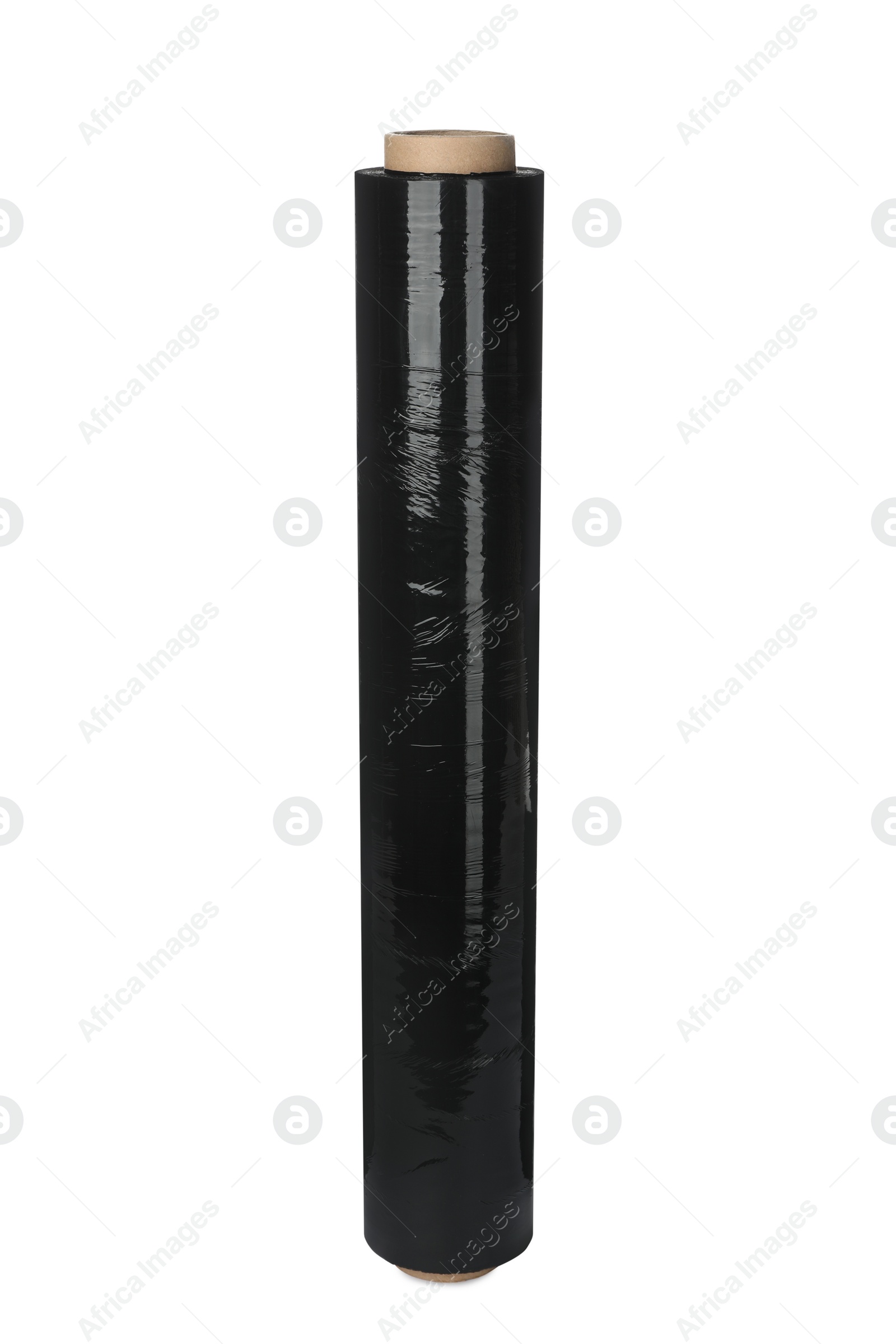 Photo of Roll of black plastic stretch wrap film isolated on white