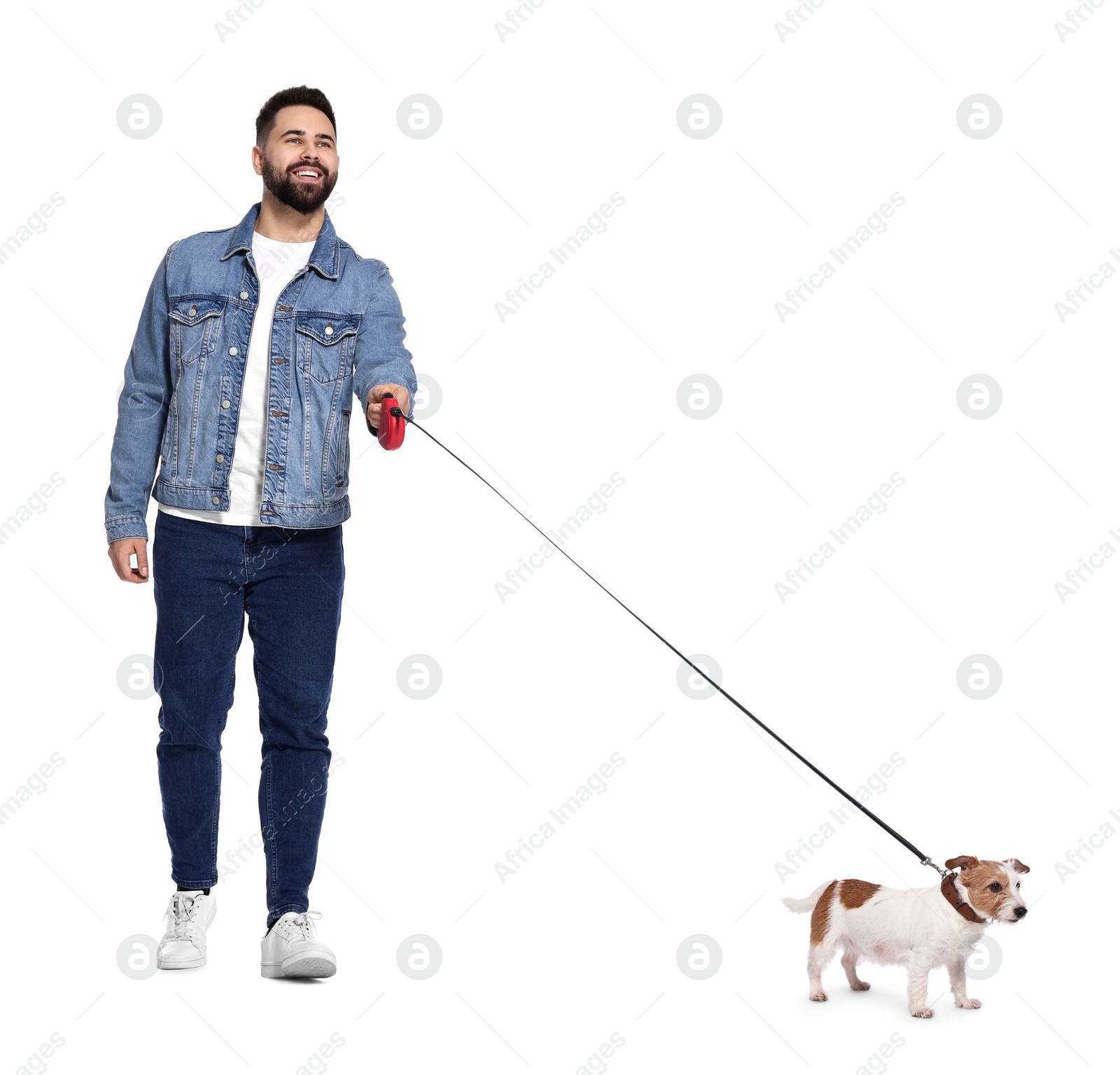 Image of Smiling man walking with dog on white background