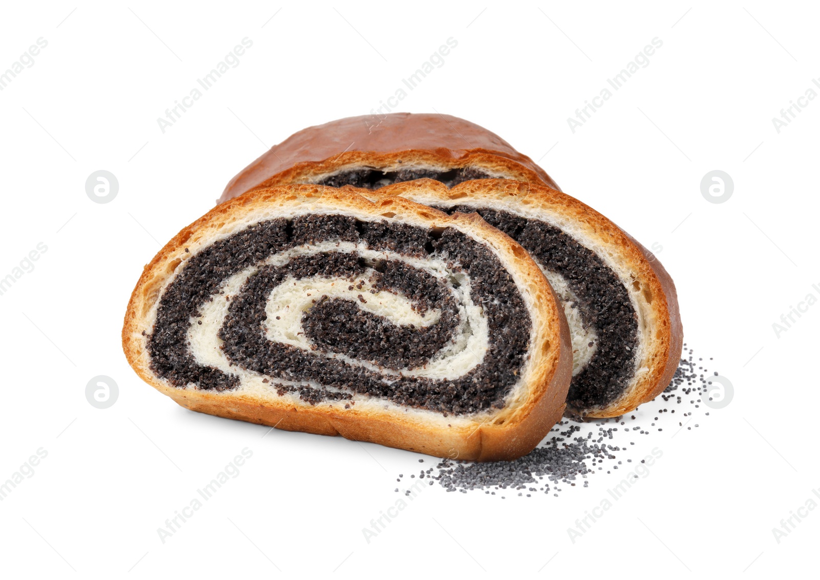 Photo of Slices of poppy seed roll isolated on white. Tasty cake