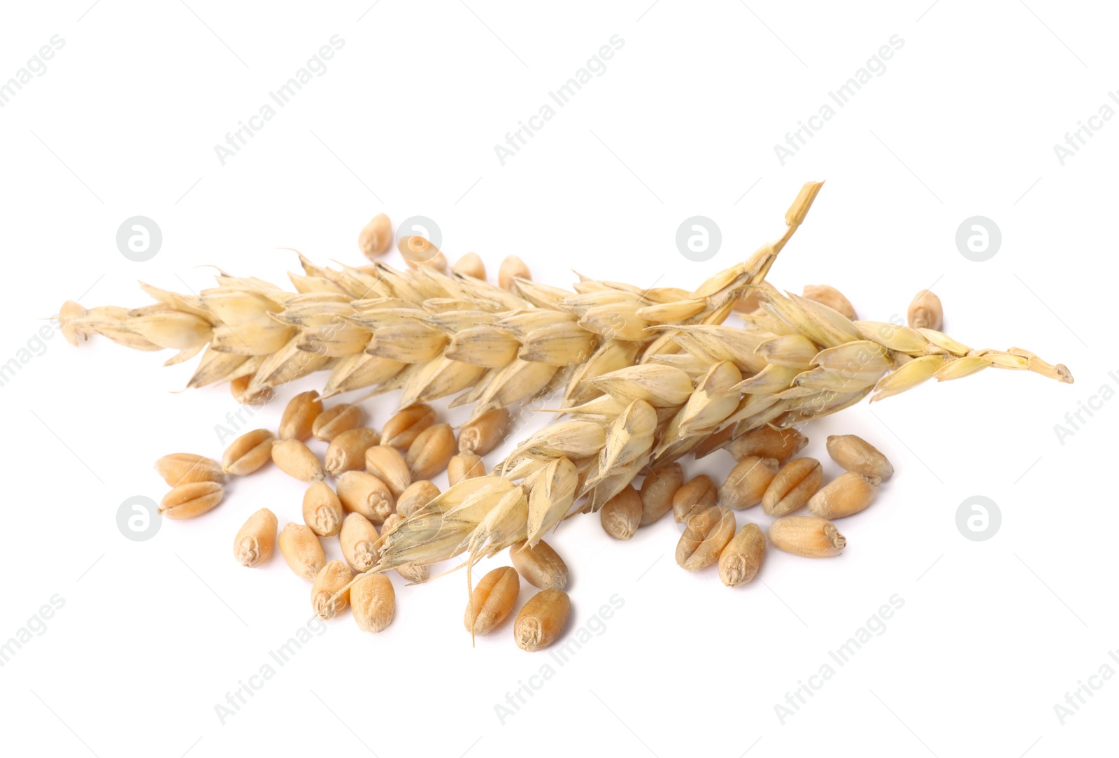 Photo of Pile of wheat grains and spikes on white background