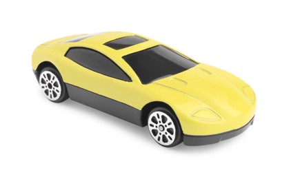 Photo of One yellow car isolated on white. Children`s toy