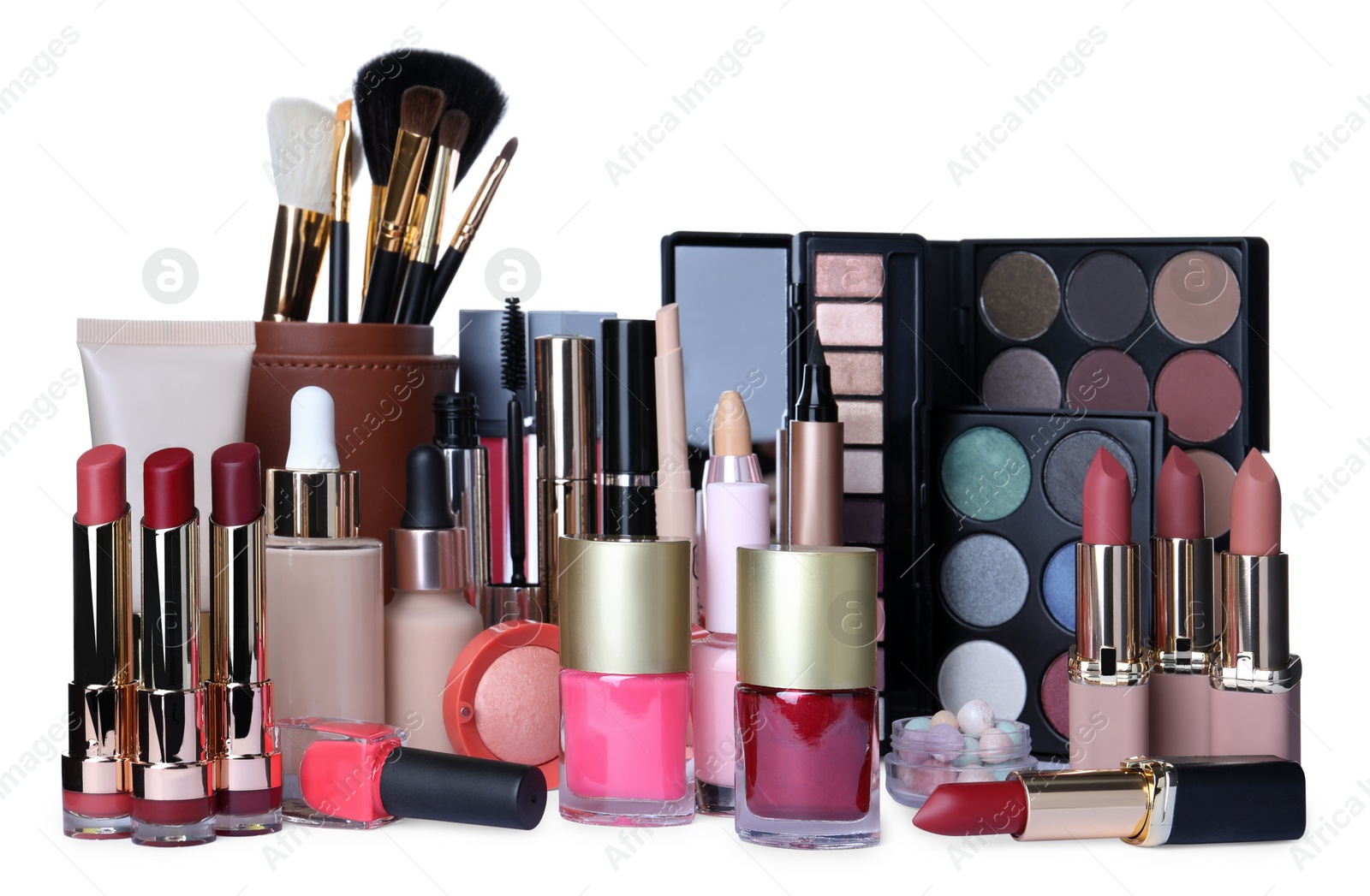Photo of Different luxury decorative cosmetics and brushes on white background