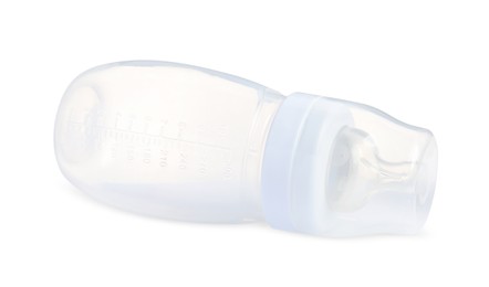 Photo of One empty feeding bottle for infant formula isolated on white