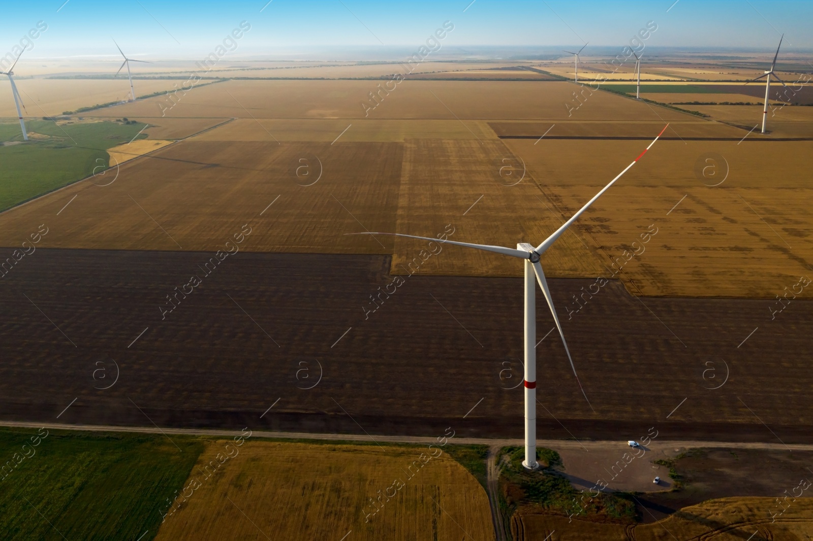 Image of Aerial view on modern wind turbines. Alternative energy source