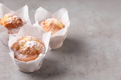 Photo of Delicious muffins with powdered sugar on grey table, closeup. Space for text
