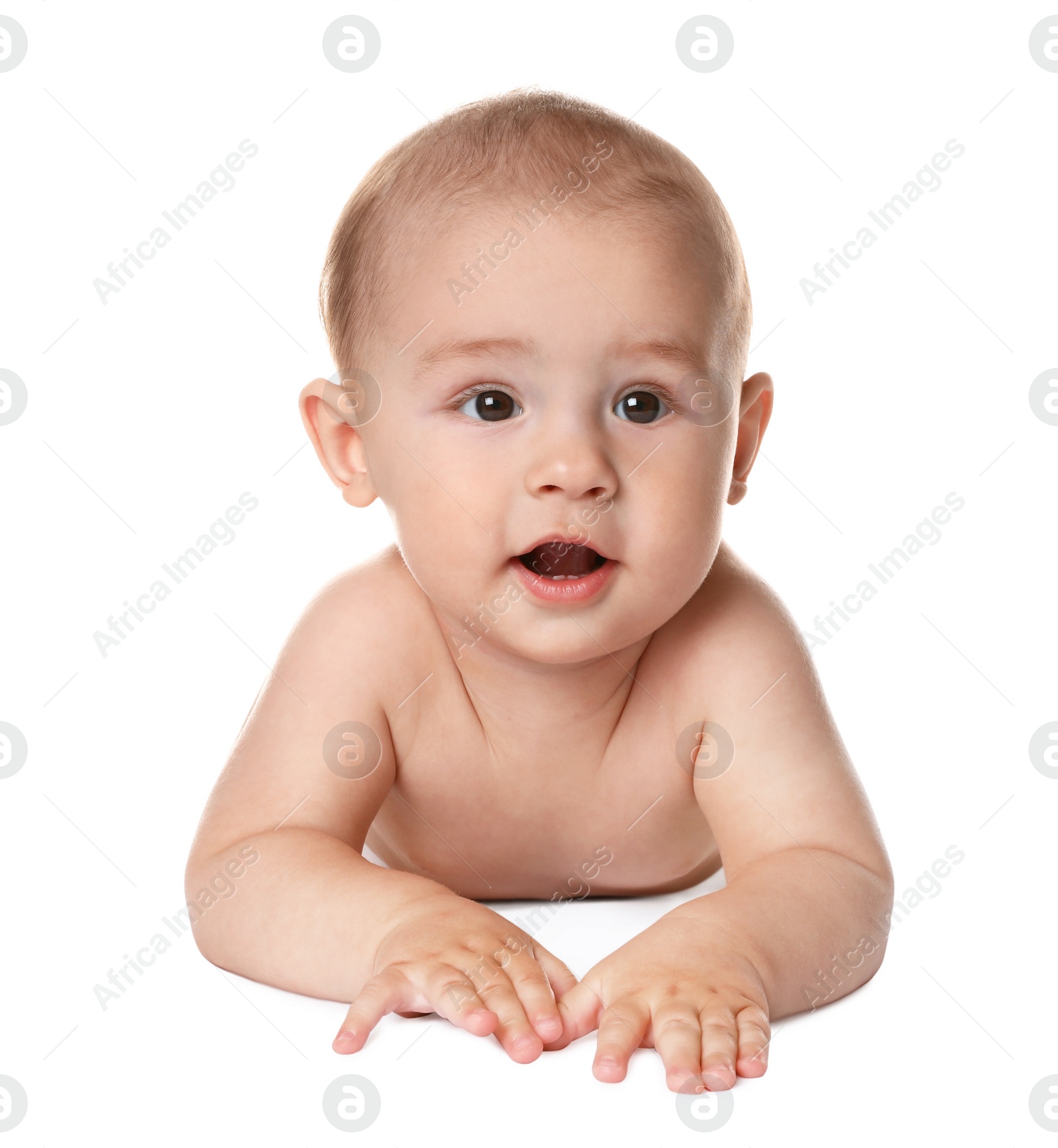 Photo of Cute little baby lying on white background