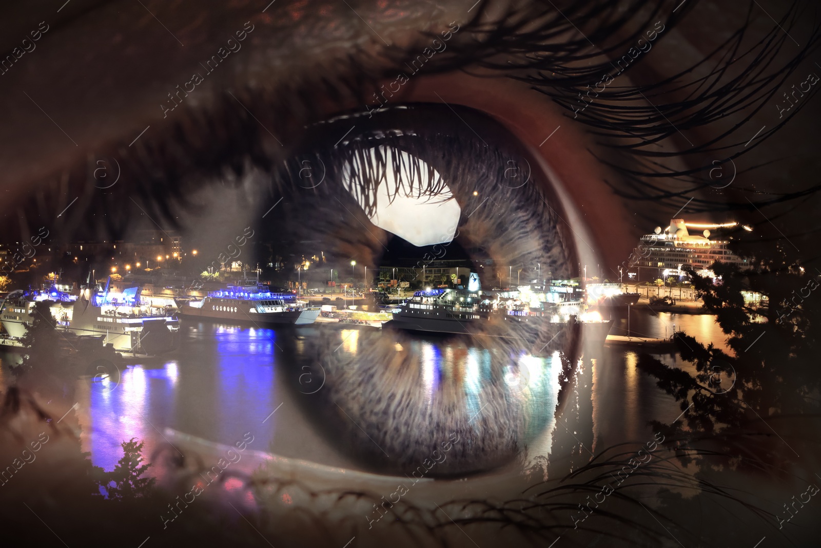 Image of Double exposure of night cityscape and woman with beautiful eye, closeup