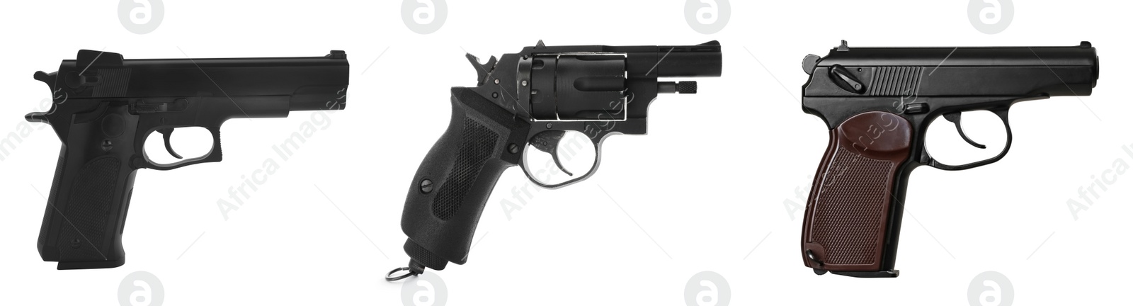 Image of Set with different handguns on white background. Banner design