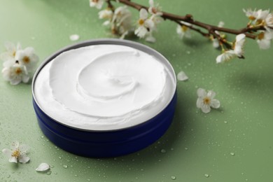 Photo of Jar of face cream and flowers on wet green surface, space for text