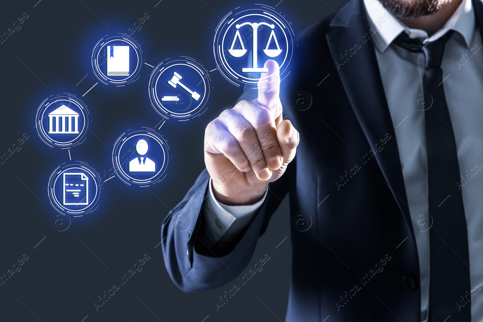 Image of Laws, legal information and online consultation. Man using virtual screen with icons, closeup