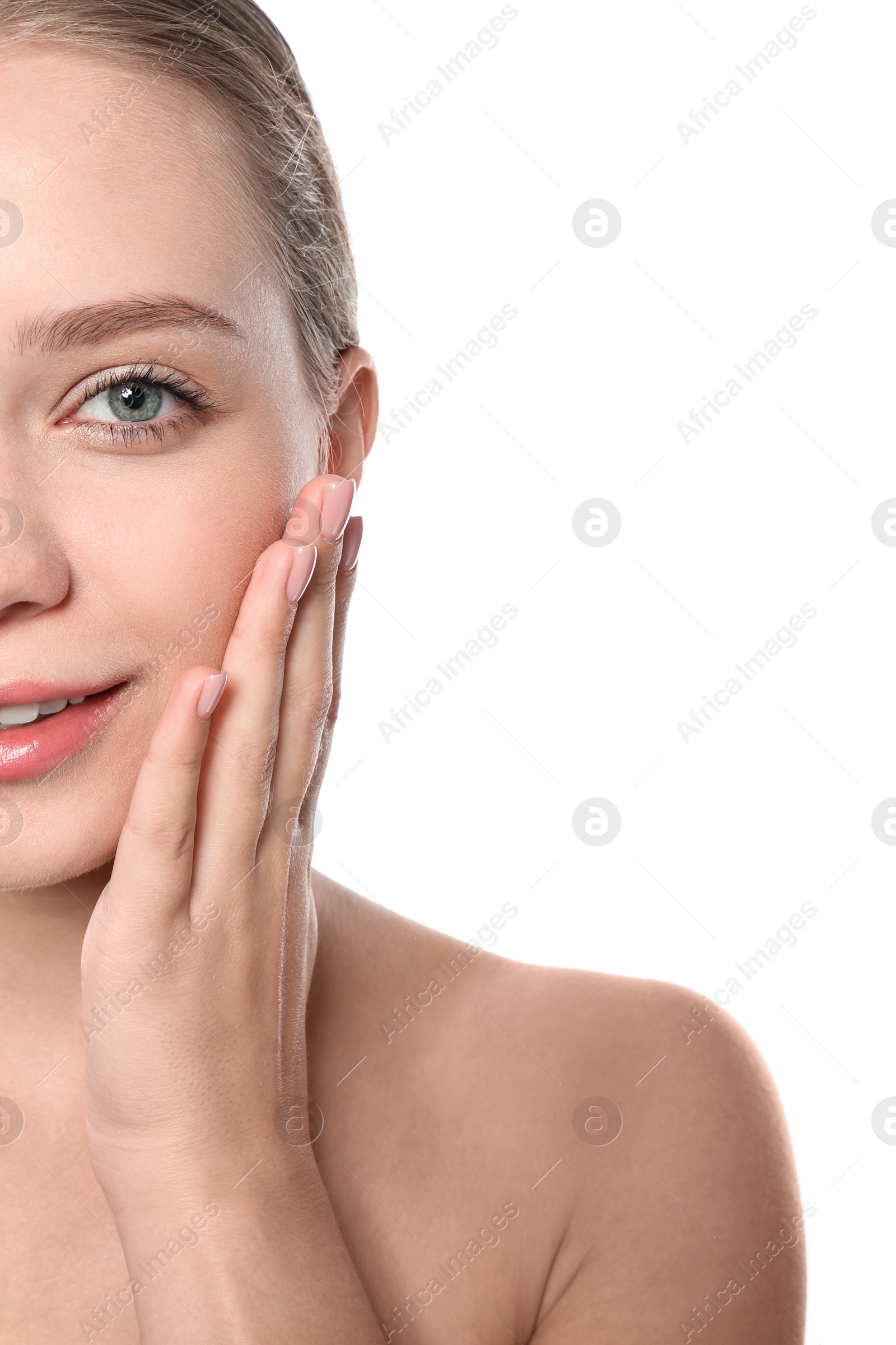 Photo of Portrait of beautiful young woman on white background. Lips contouring, skin care and cosmetic surgery concept