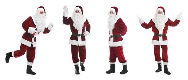 Image of Collage with photos of Santa Claus on white background. Banner design