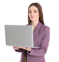 Photo of Portrait of beautiful woman with laptop on white background