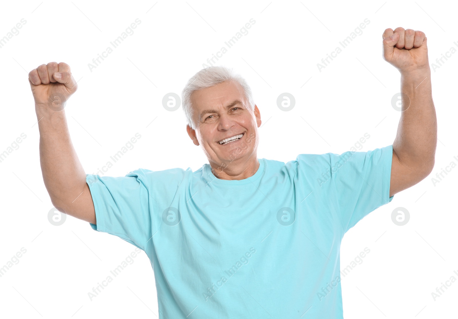 Photo of Portrait of mature man laughing on white background