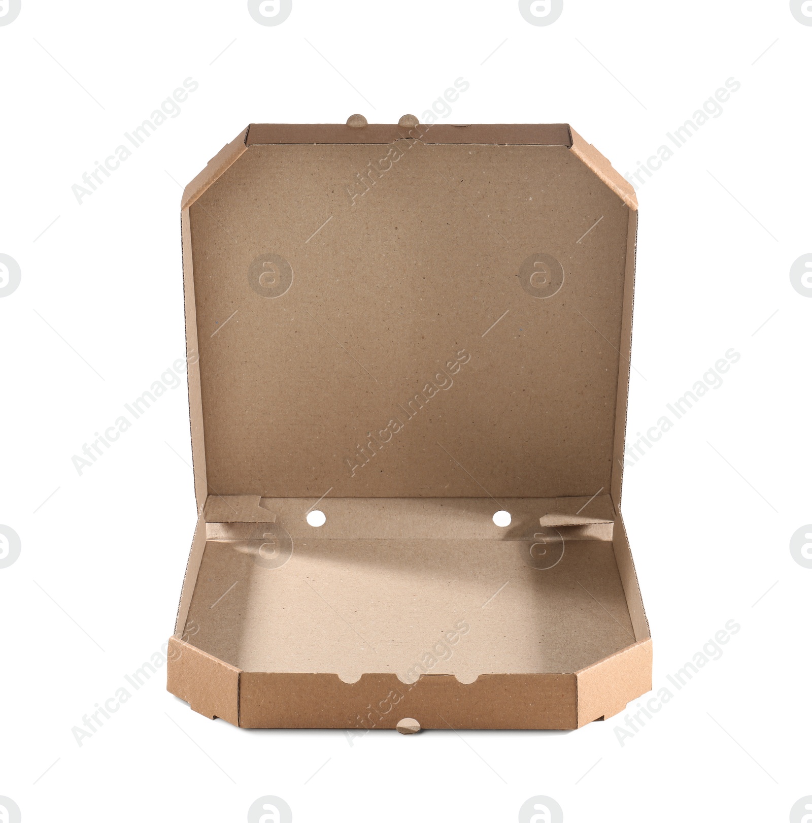 Photo of Open cardboard pizza box on white background. Food delivery