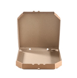 Open cardboard pizza box on white background. Food delivery