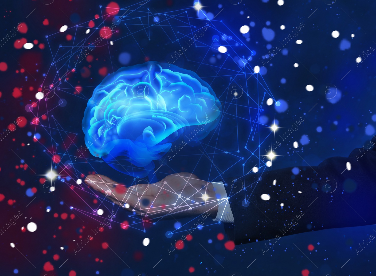 Illustration of Young man holding digital image of brain on dark blue background, closeup