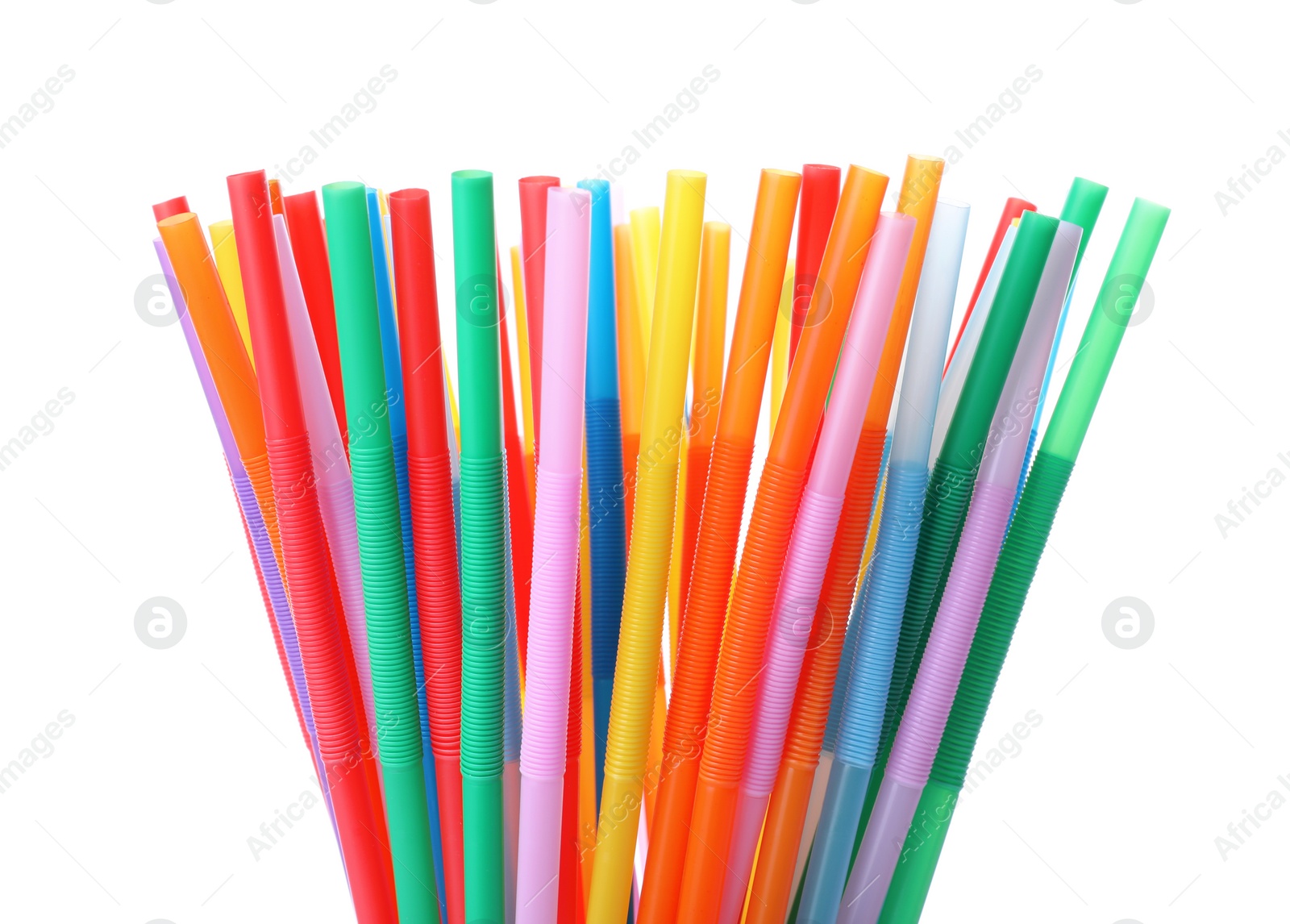 Photo of Many colorful cocktail straws on white background