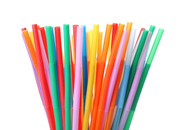 Photo of Many colorful cocktail straws on white background