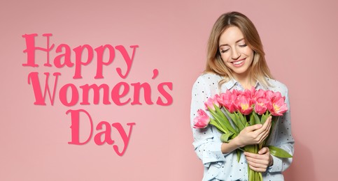 Image of Happy Women's Day, Charming lady holding bouquet of beautiful flowers on dusty pink background