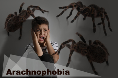 Image of Arachnophobia concept. Double exposure of scared little boy and spiders