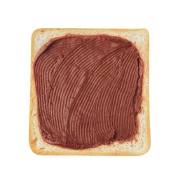 Photo of Tasty toast with chocolate paste isolated on white, top view