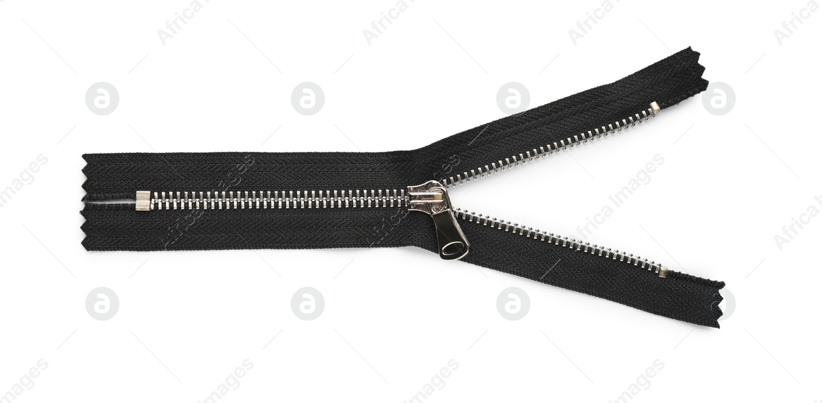 Photo of Black zipper isolated on white, top view
