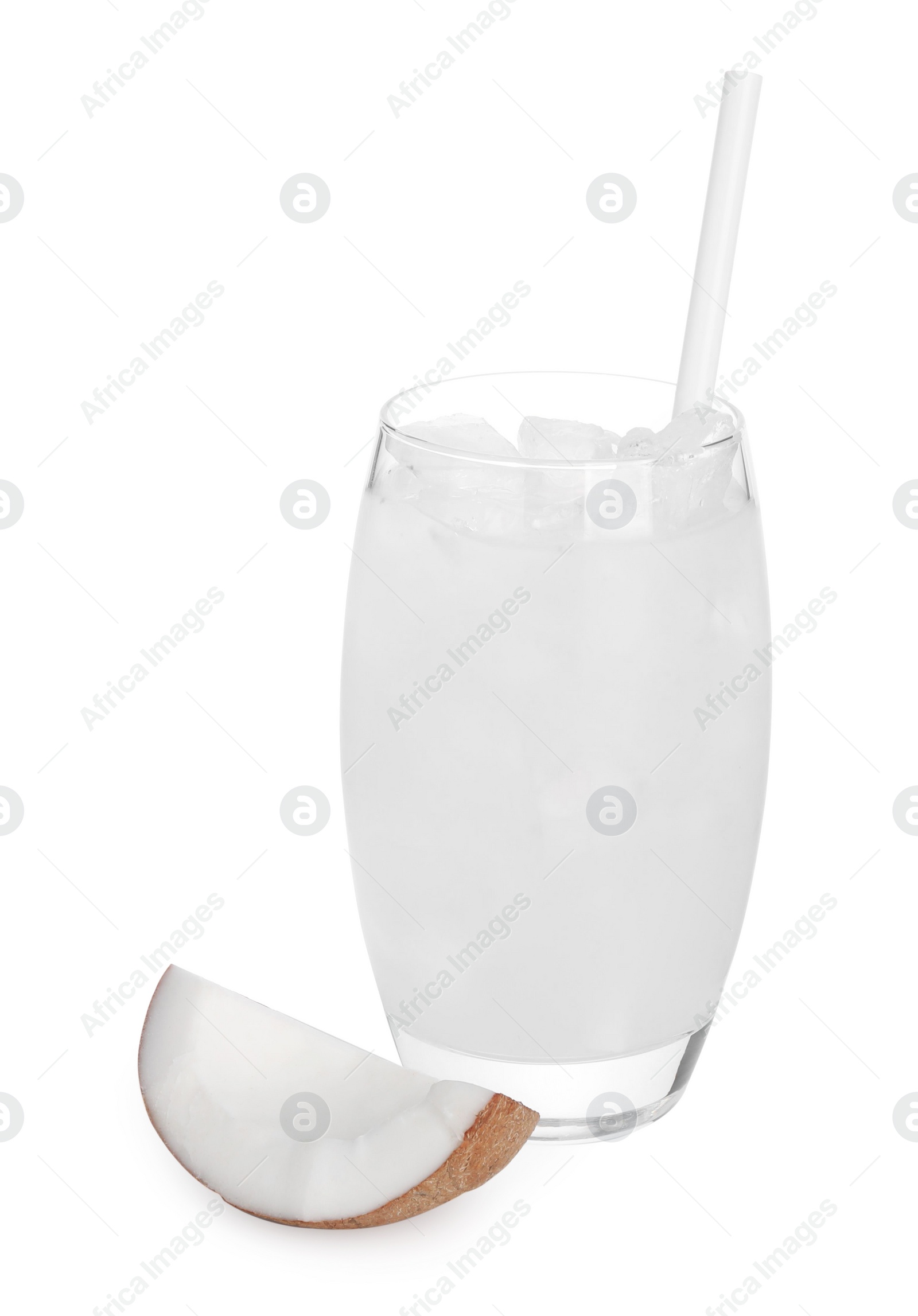 Photo of Glass of coconut water, ice cubes and nut isolated on white