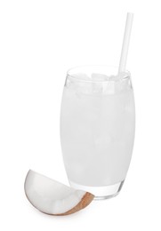 Glass of coconut water, ice cubes and nut isolated on white