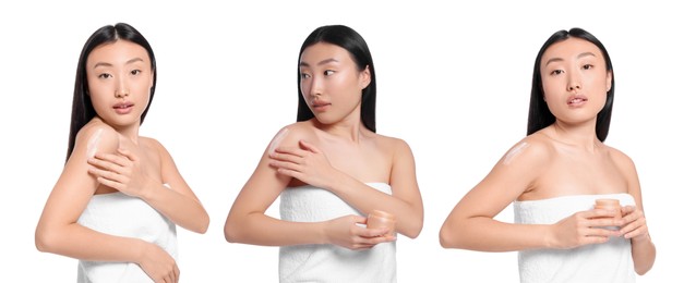Image of Collage with photos of Asian woman applying body cream on white background