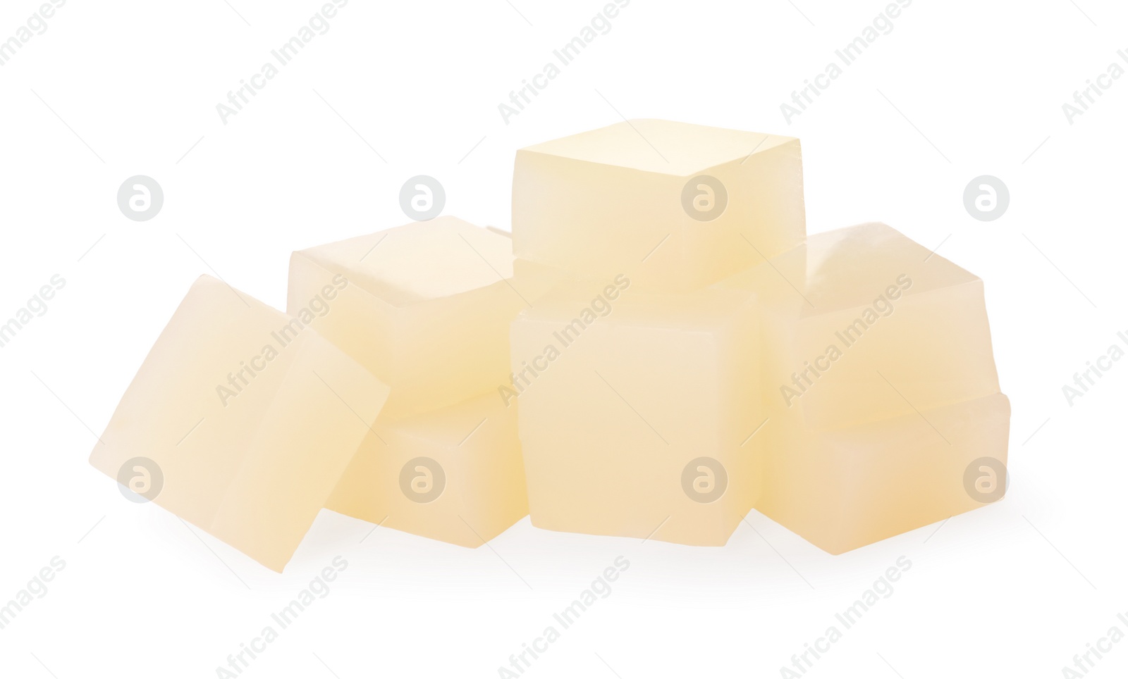 Photo of Many agar-agar jelly cubes on white background