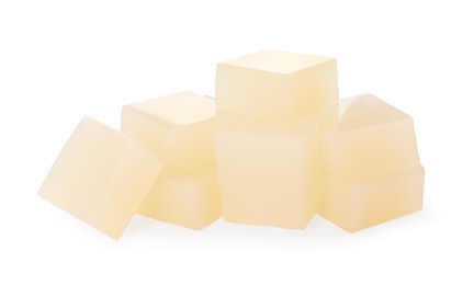 Photo of Many agar-agar jelly cubes on white background