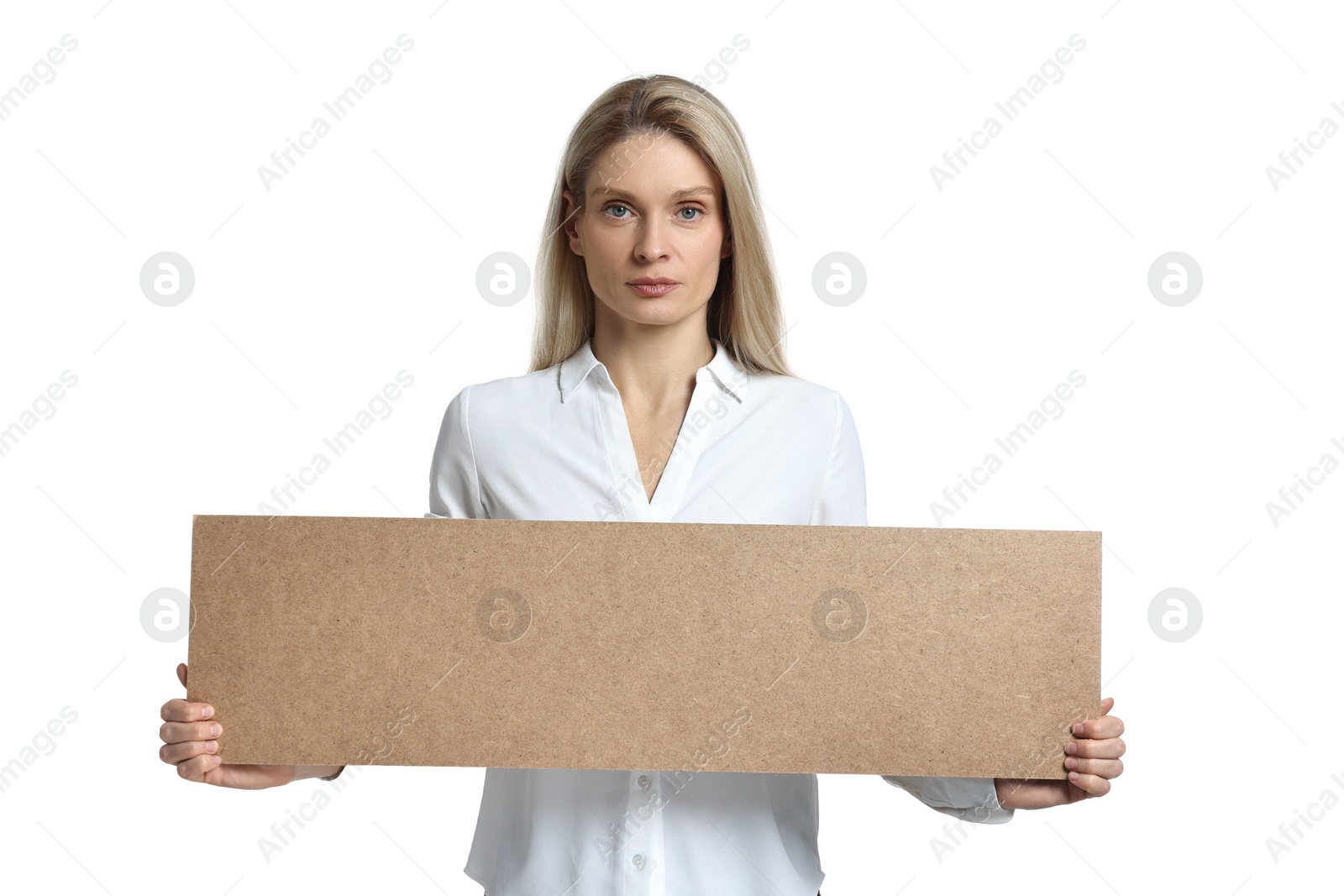 Photo of Woman holding blank cardboard banner on white background, space for text