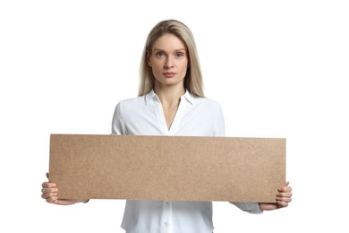 Photo of Woman holding blank cardboard banner on white background, space for text
