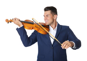 Photo of Happy man playing violin on white background