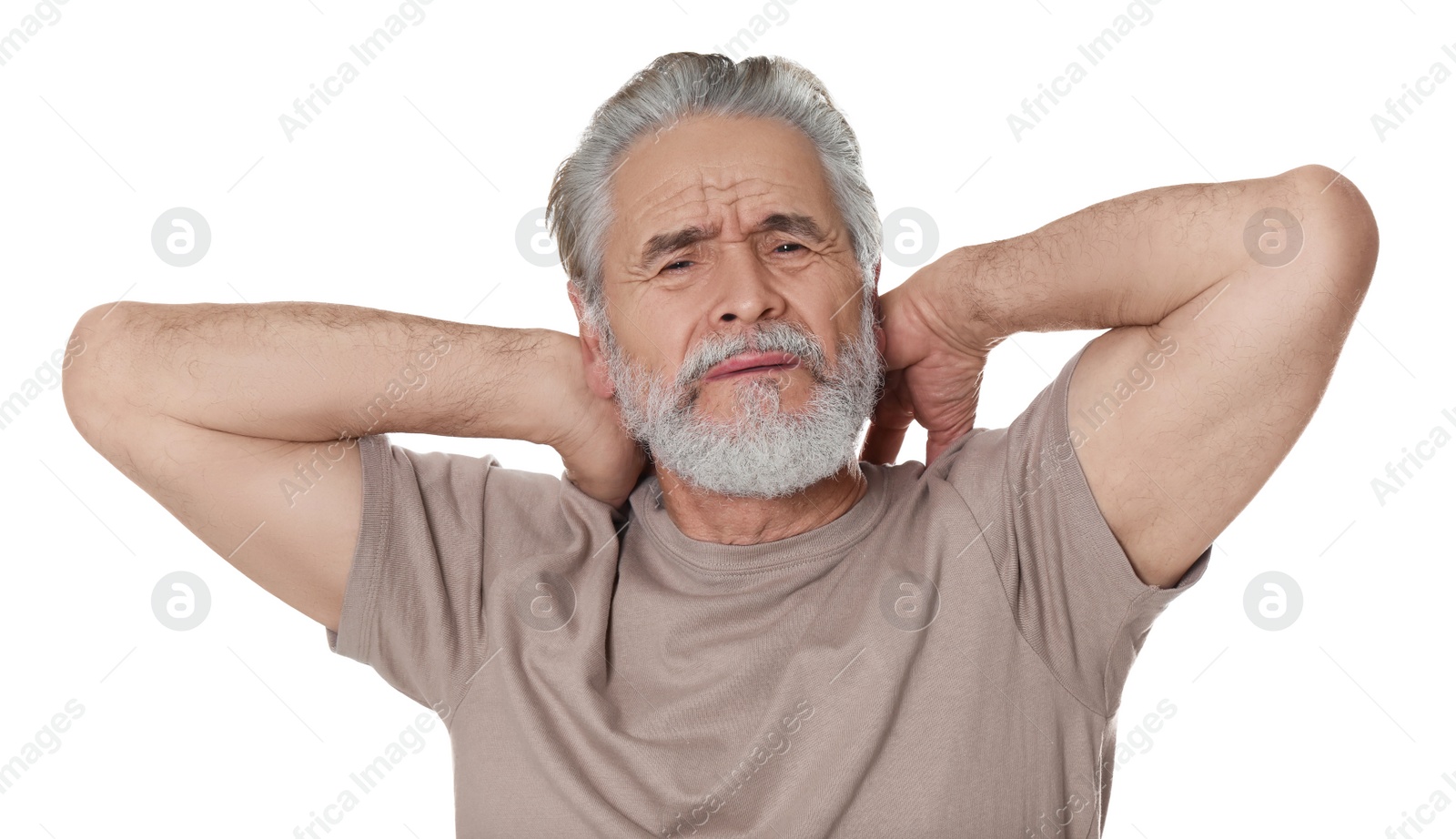 Photo of Senior man suffering from pain in neck on white background. Arthritis symptoms