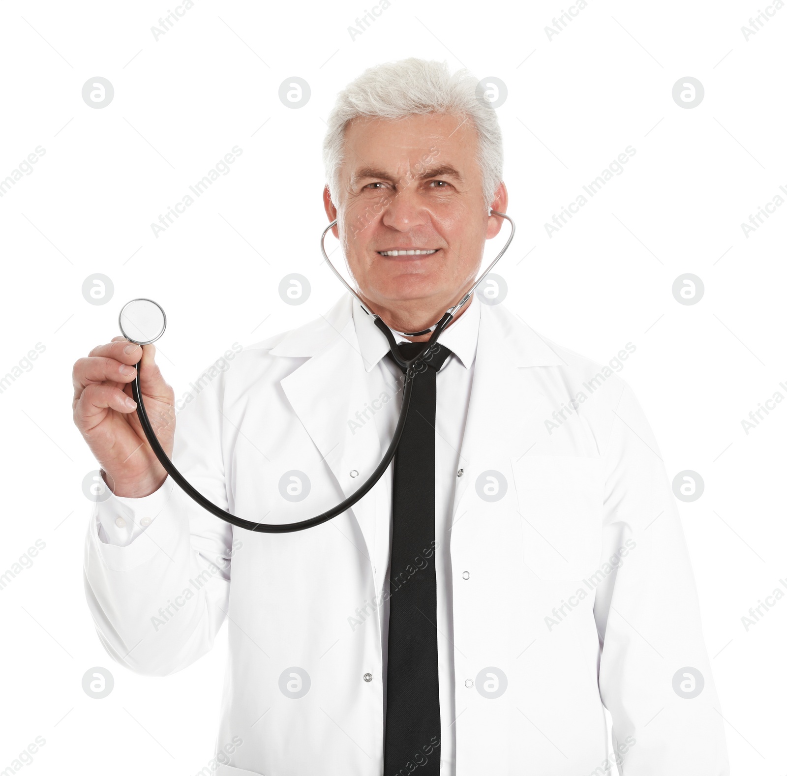 Photo of Portrait of male doctor with stethoscope isolated on white. Medical staff