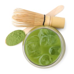 Photo of Glass of delicious iced green matcha tea, spoon with powder and bamboo whisk isolated on white, top view