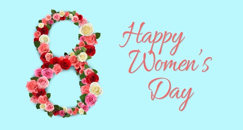 Image of Happy Women's Day greeting card design with number 8 of beautiful flowers on light blue background