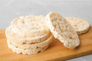 Photo of Stack of crunchy rice cakes on table, closeup