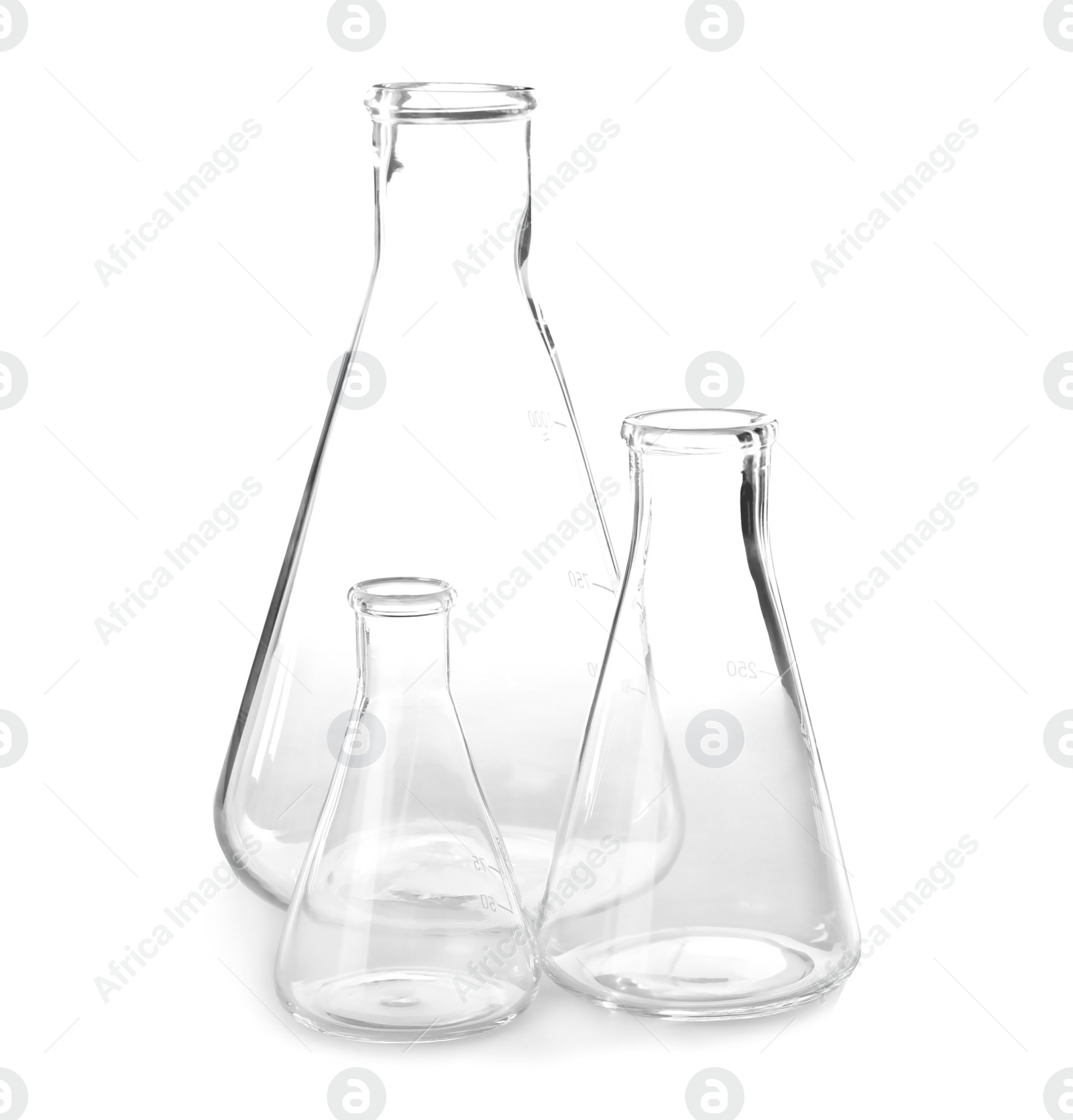 Photo of Empty flasks on white background. Laboratory analysis equipment