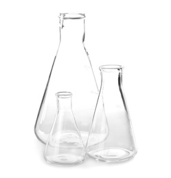 Empty flasks on white background. Laboratory analysis equipment