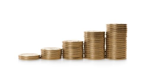 Photo of Stacked coins on white background. Investment concept