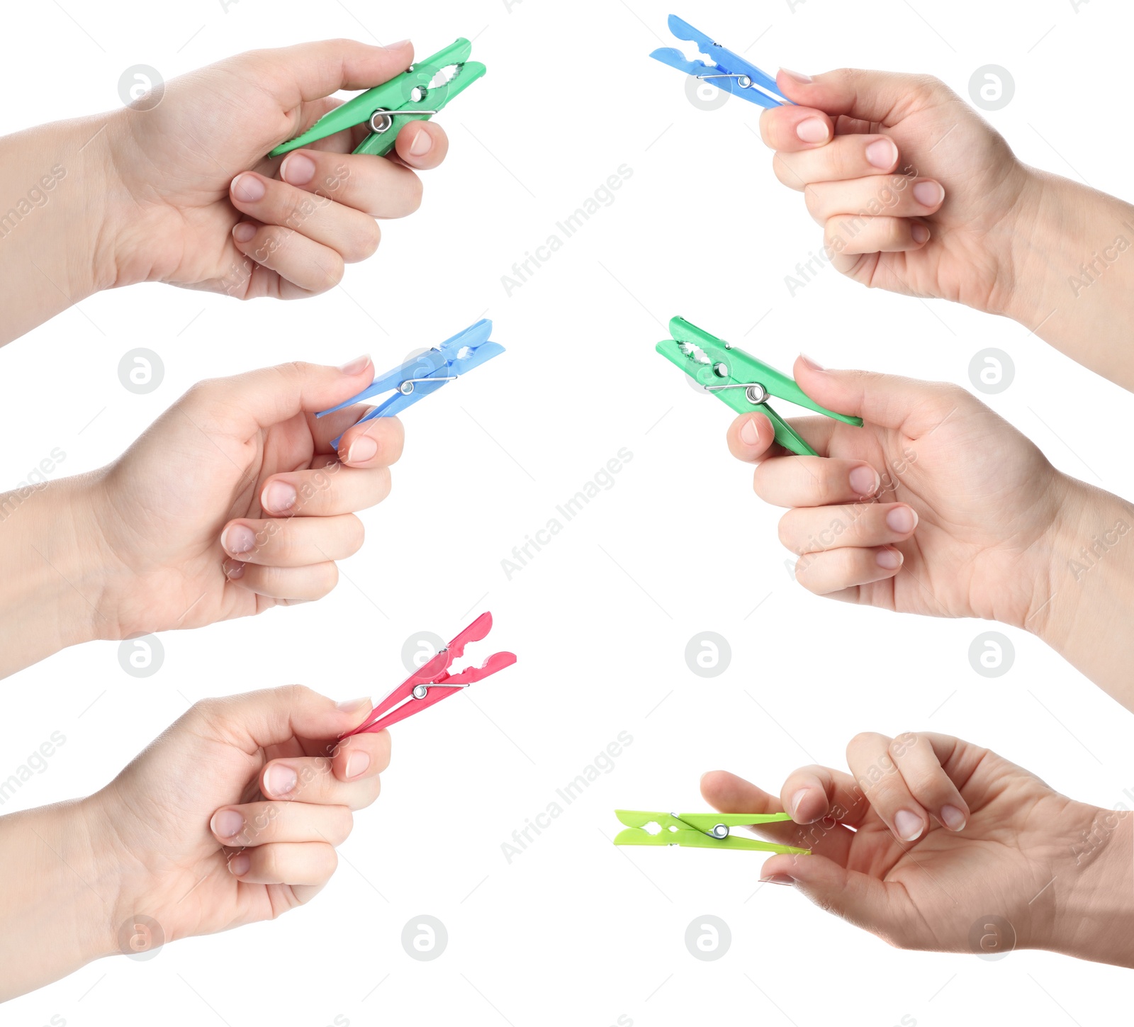 Image of Collage with photos of women holding different bright clothespins on white background, closeup